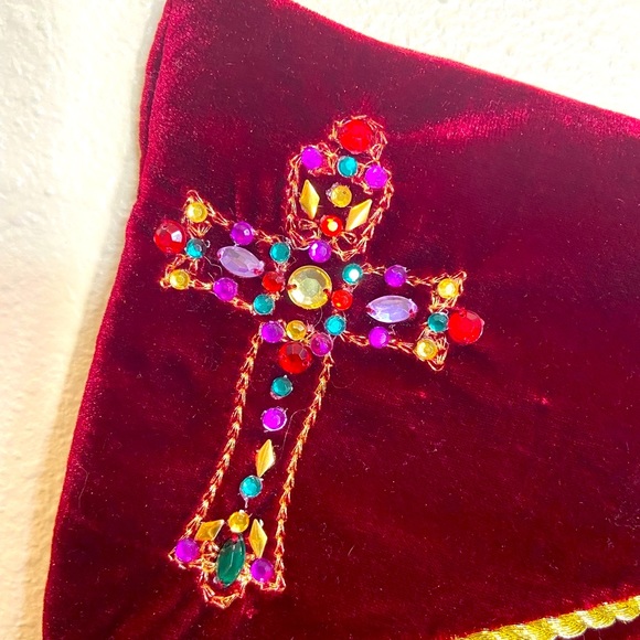 Felix Navidad Velveteen Burgundy Christmas Stocking - Picture 2 of 4